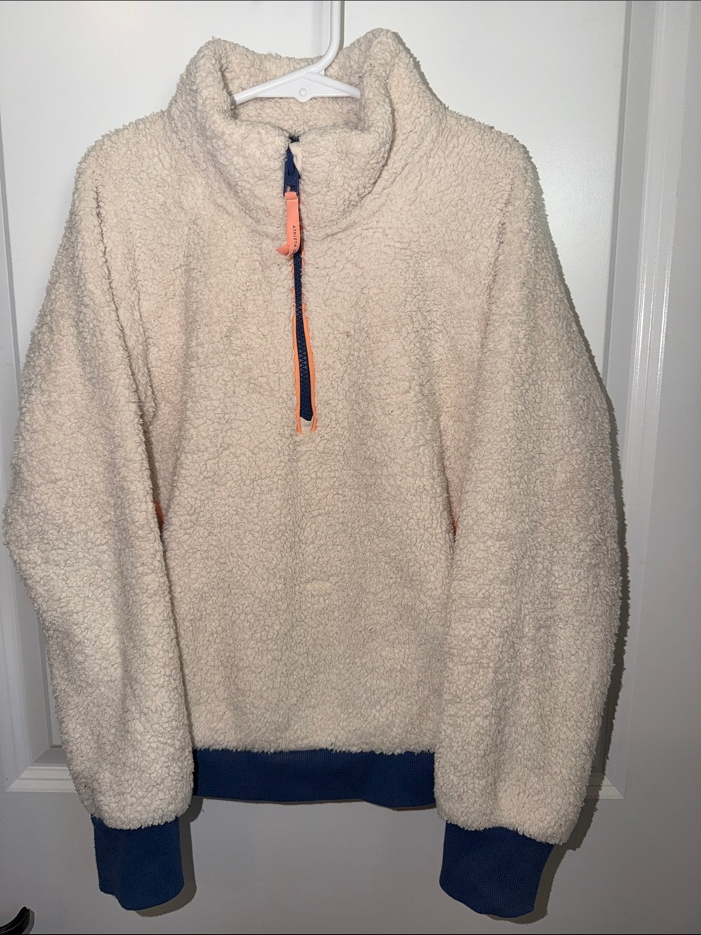 Athleta Cream Sherpa Half-Zip Pullover with Navy Trim and Orange Zip